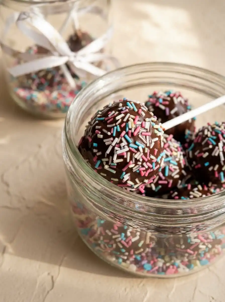 A beautiful arrangement of decorated Brownie Cake Pops presented on a rustic wooden board for a party.