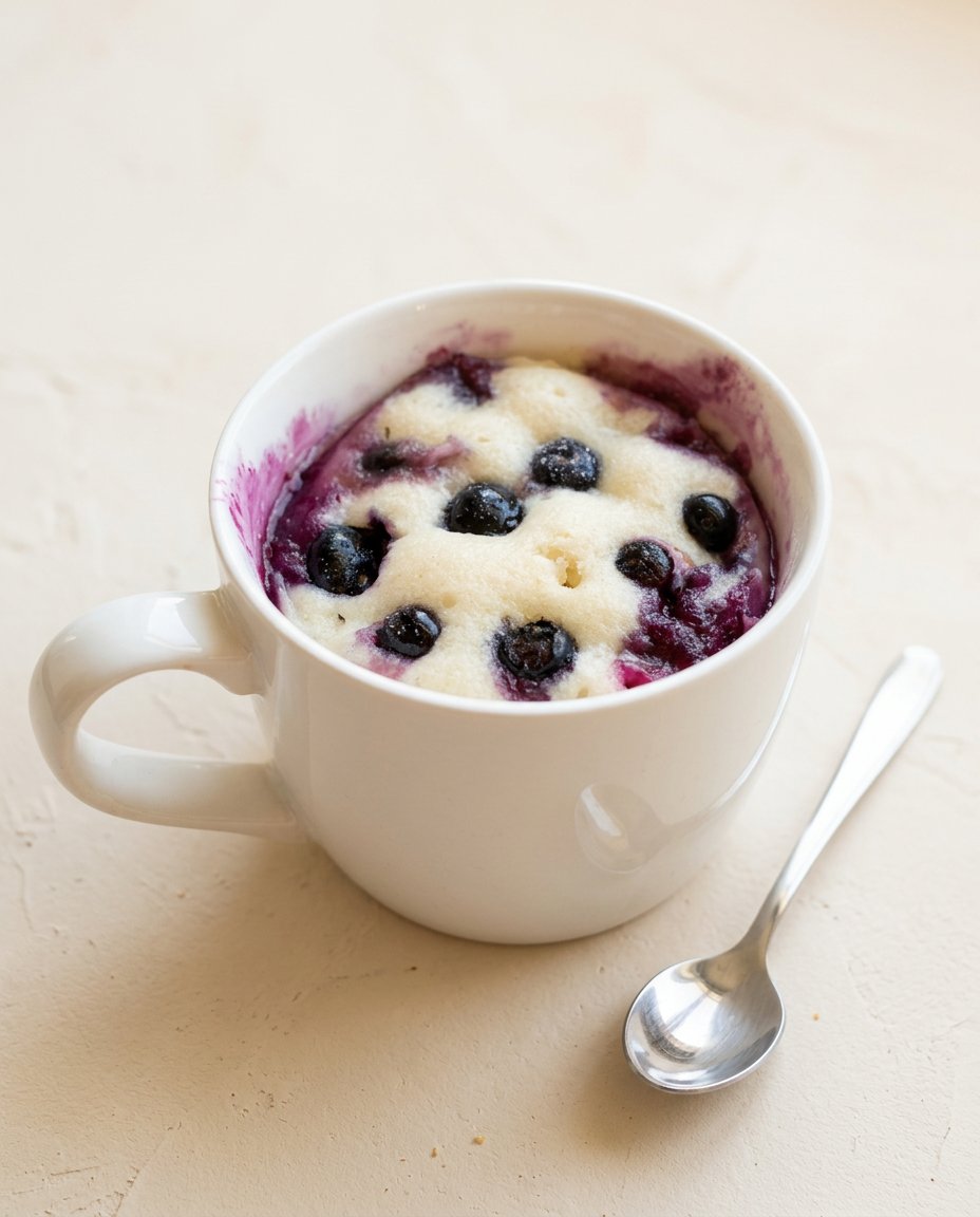 An Easy Blueberry Mug Cake served warm with a scoop of vanilla ice cream on a cozy table.