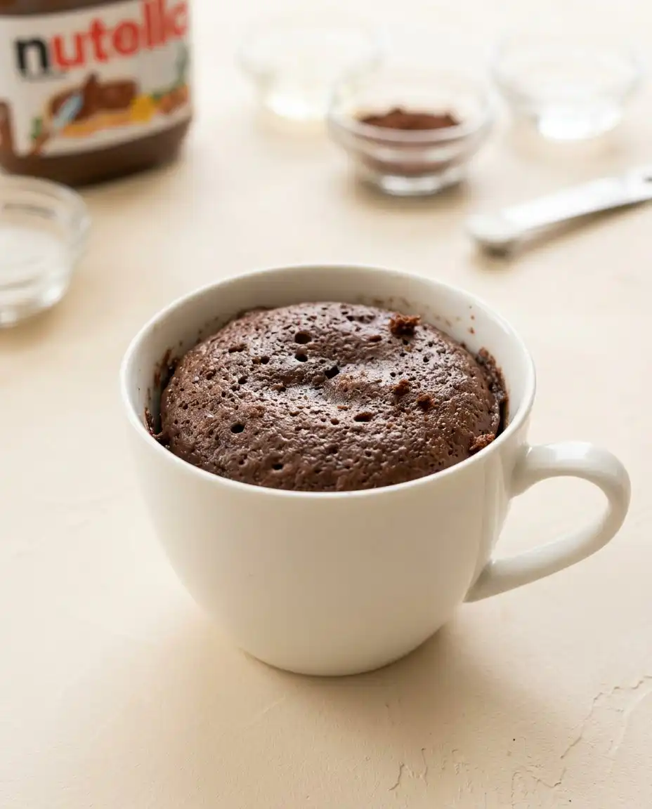 Basic pantry ingredients like cocoa, sugar, and flour used to bake a soft Nutella Mug Cake.