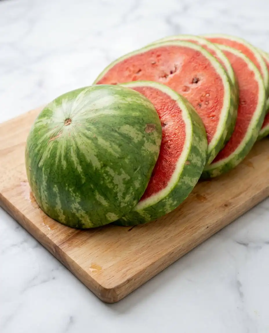 Fresh ingredients gathered on a wooden table to build a Watermelon Pizza Cake