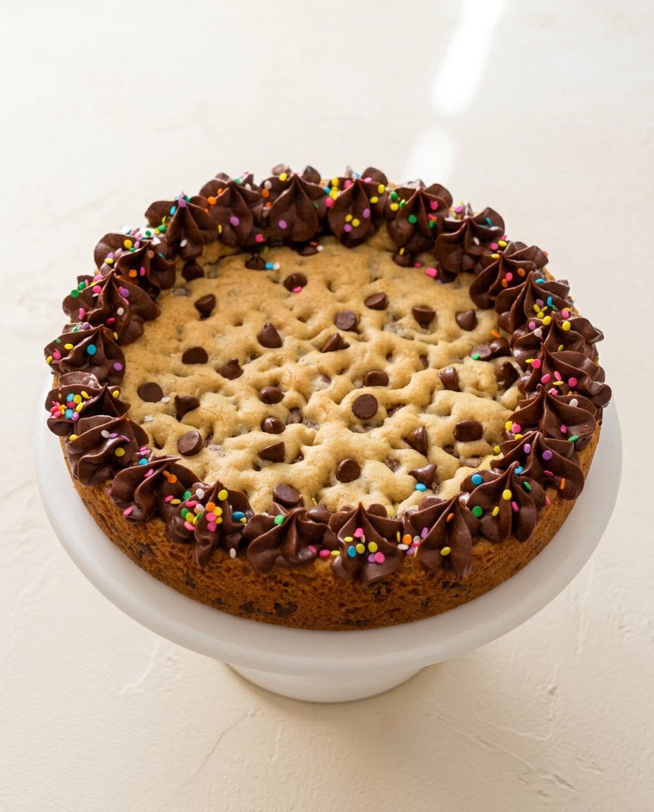 Brown Butter Chocolate Chip Cookie Cake 16 A single slice of brown butter chocolate chip cookie cake on a vintage plate next to a glass of milk.