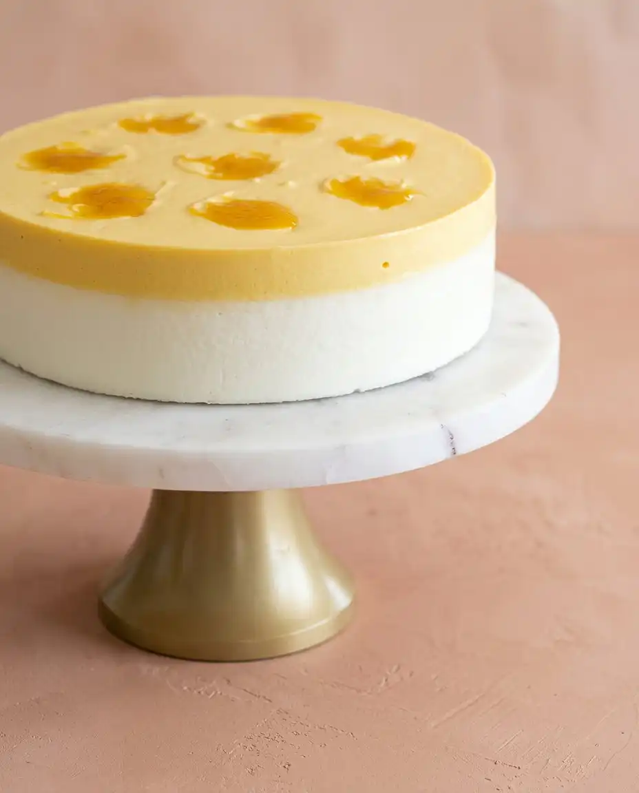 Classic Mango Mousse Cake 12 A beautiful slice of Classic Mango Mousse Cake displaying distinct yellow and cream layers