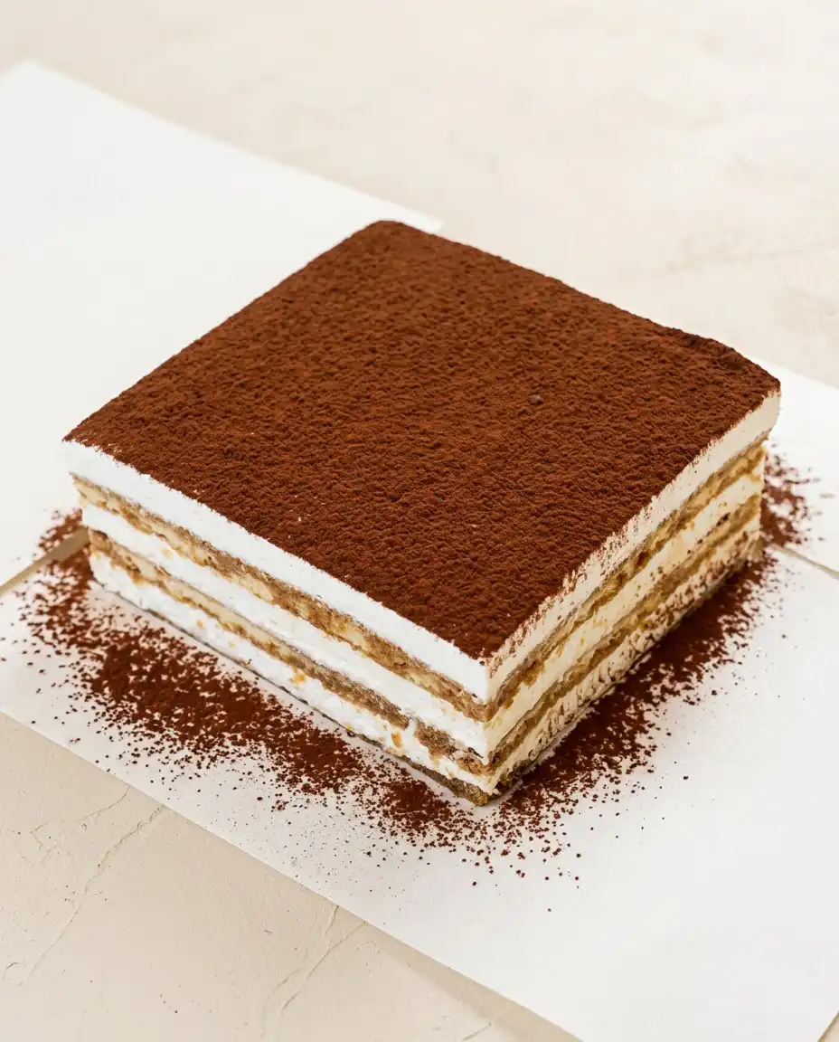 A perfect slice of Classic Tiramisu Layer Cake served on a white dessert plate.