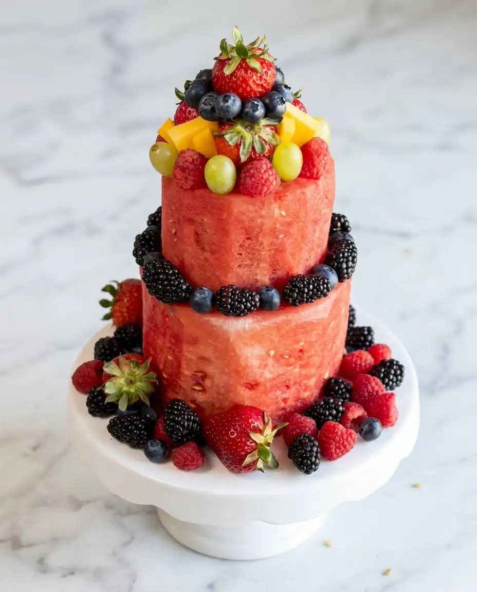 A slice of classic watermelon fruit cake served on a plate with fresh berries.