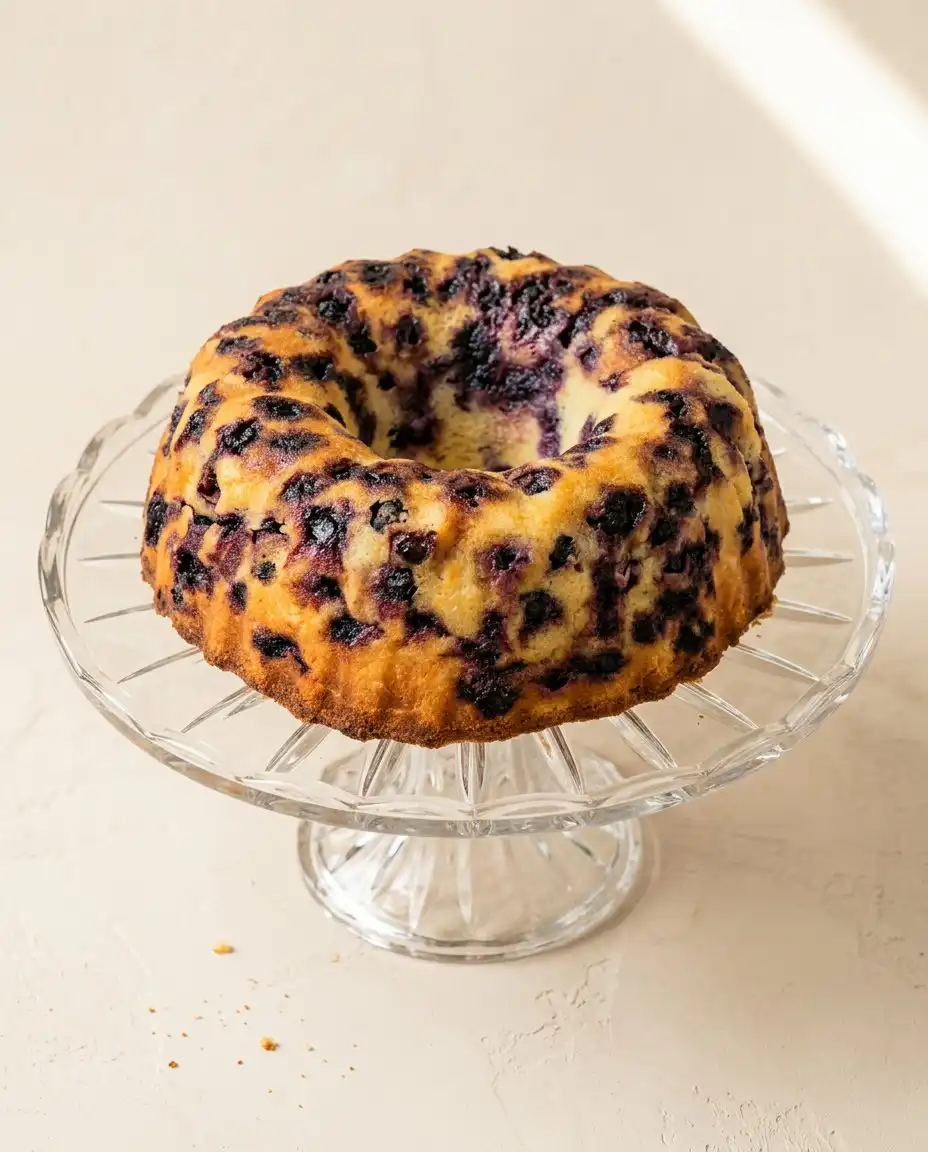 A slice of Lemon Blueberry Bundt Cake with Lemon Glaze served on a plate