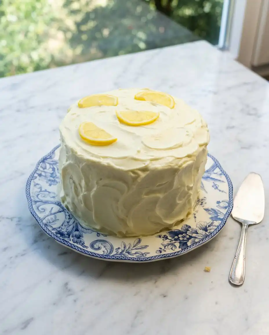 A single slice of Lemon Blueberry Layer Cake with Cream Cheese Frosting served on a beautiful vintage plate with a fork.