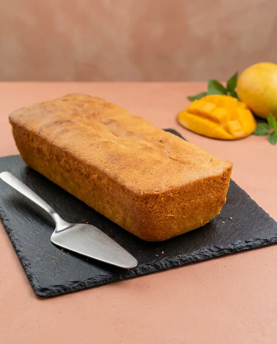 A thick slice of mango butter cake served on a plate next to a cup of tea