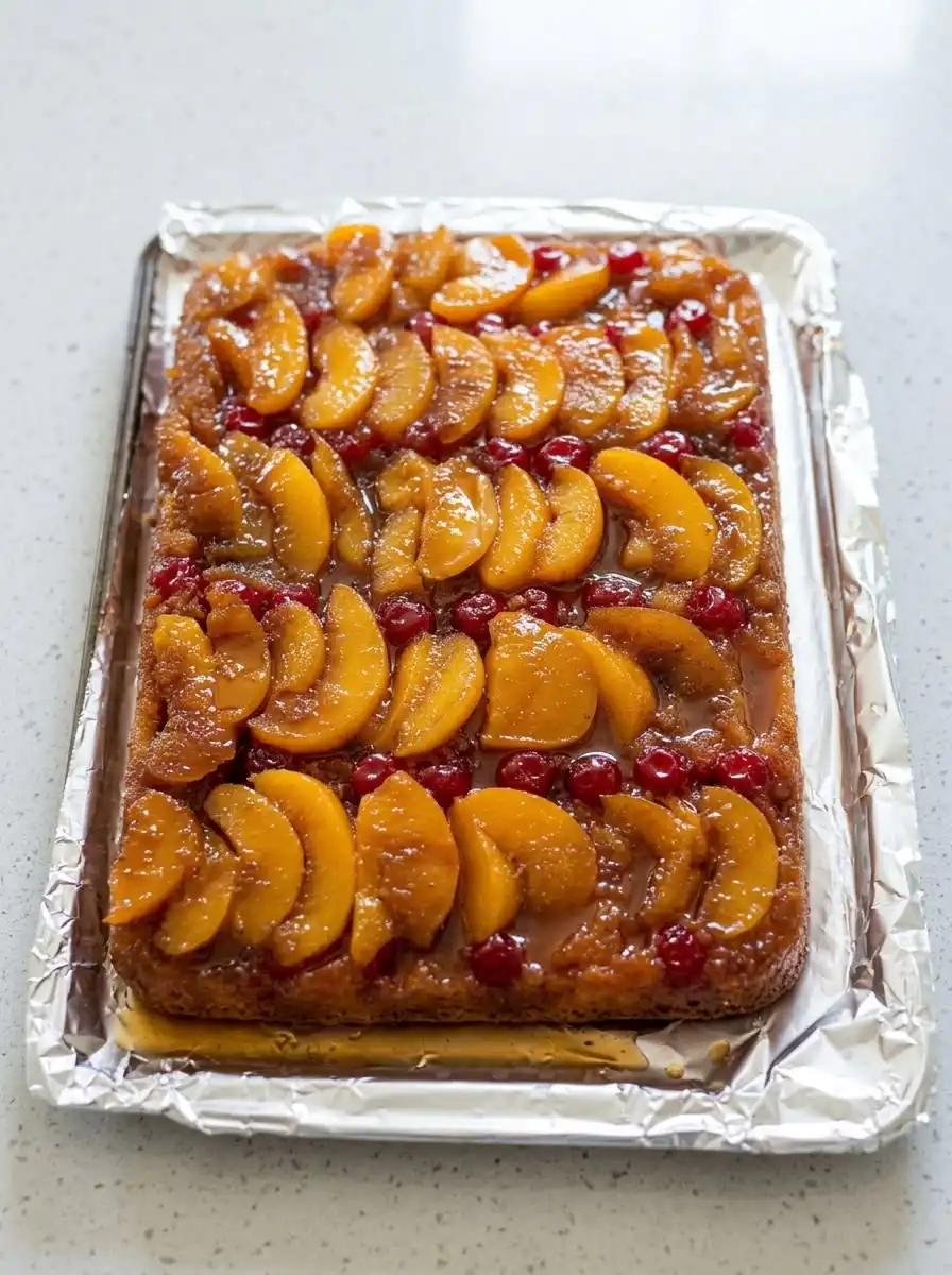 A thick slice of peach upside down cake with white box cake mix topped with cream