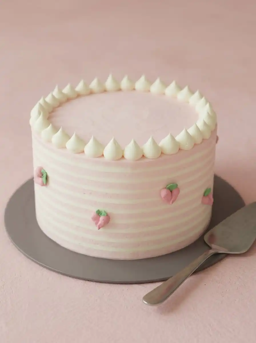 A delicious slice of peach watercolor cake design with mousse layers