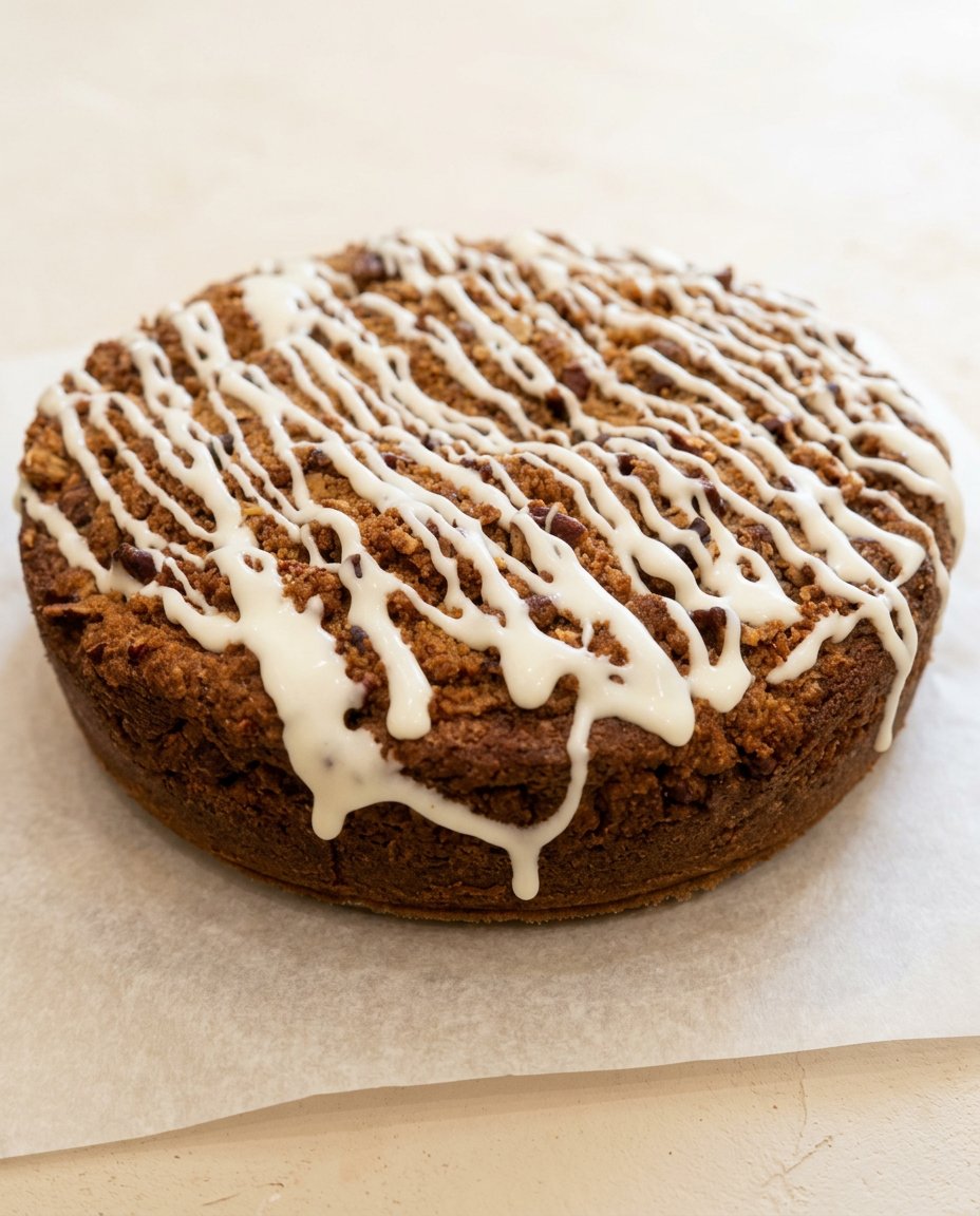 A thick slice of pecan streusel coffee cake served on a plate next to a hot cup of coffee.