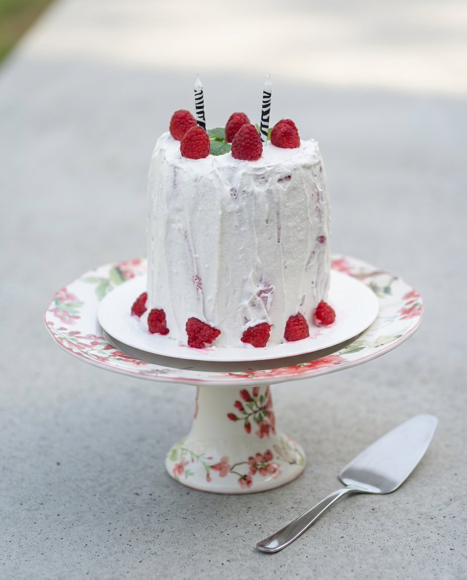 A neat slice of Watermelon Cake with Whipped Coconut Frosting served on a beautiful vintage plate.