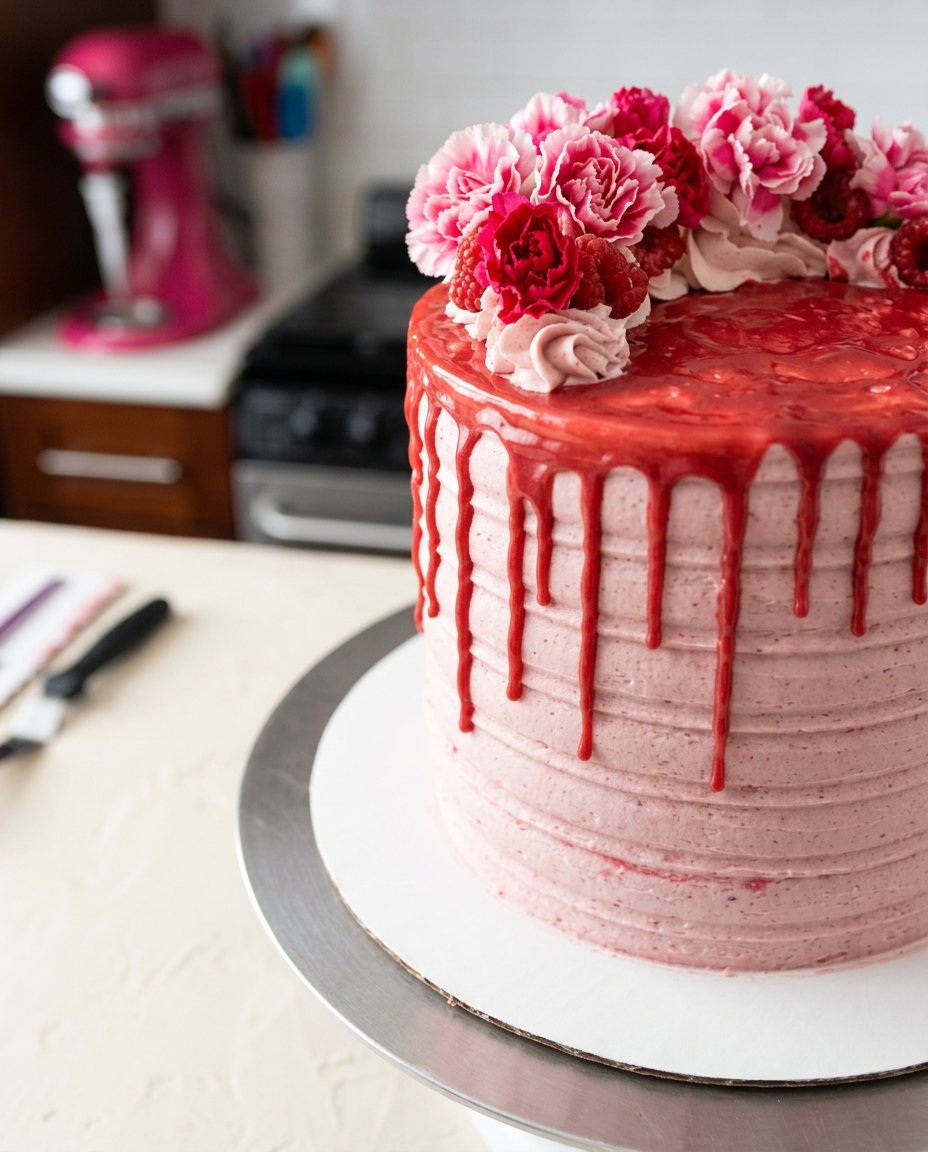 A thick slice of White Chocolate Raspberry Anniversary Cake served on a vintage ceramic plate