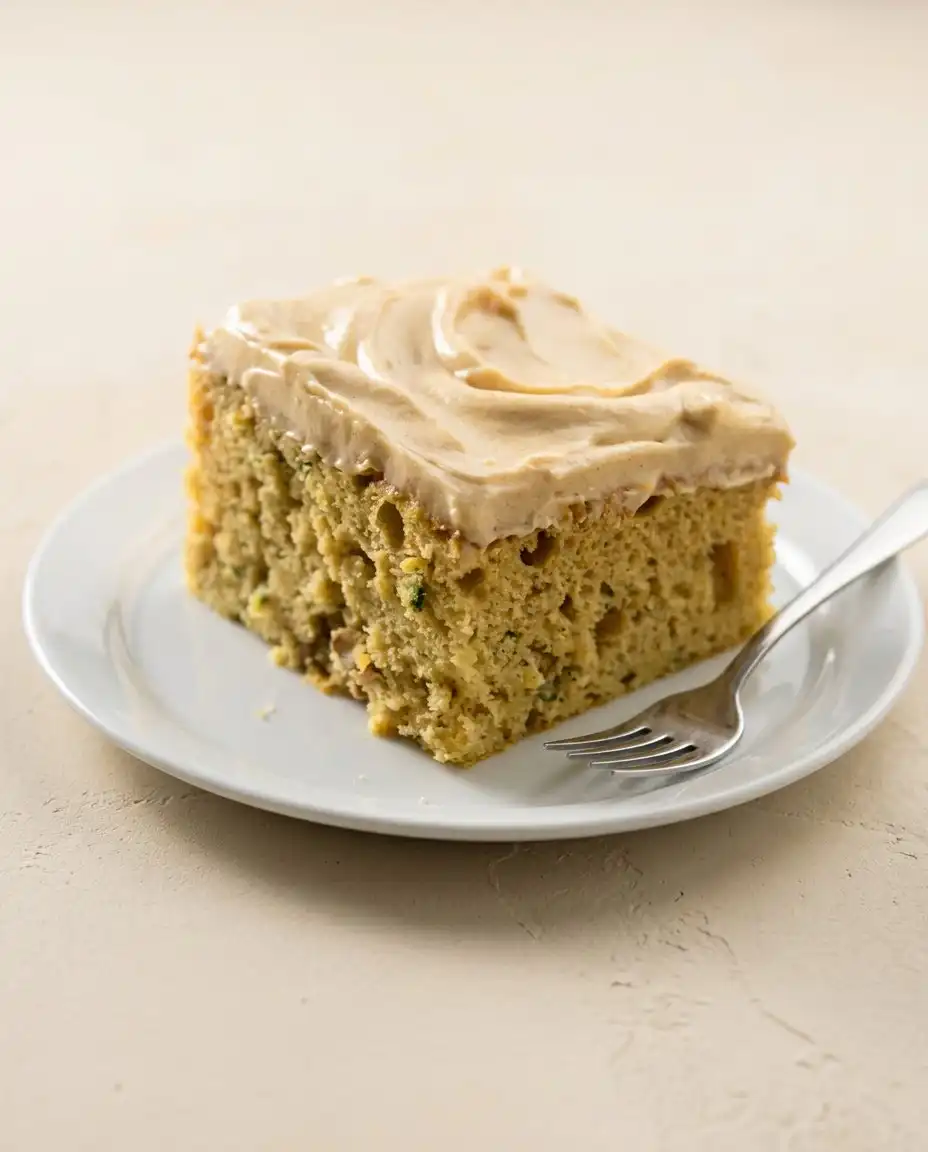 A thick slice of zucchini cake with cinnamon and nutmeg served with a cup of hot coffee.