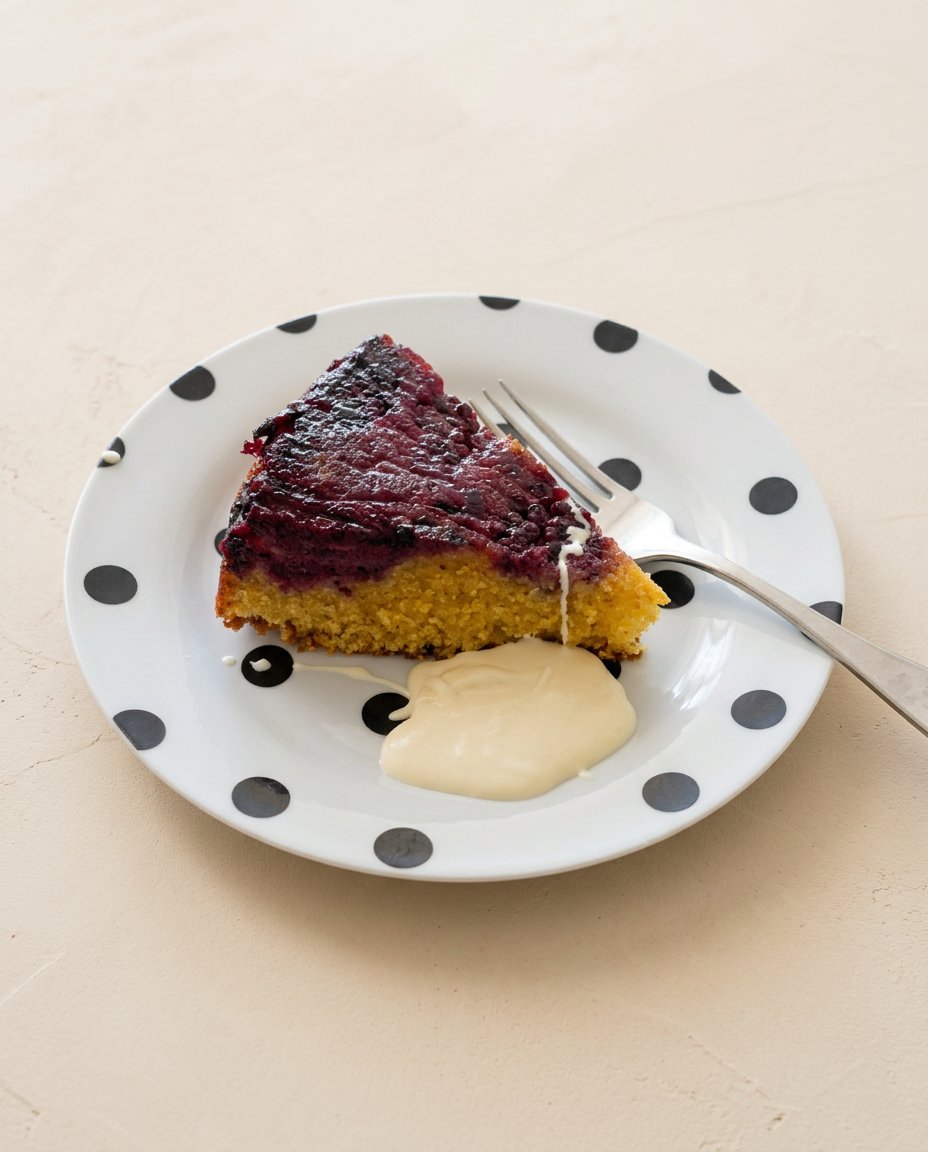 A whole blackberry upside down cake sliced and ready to serve on a rustic wooden table.