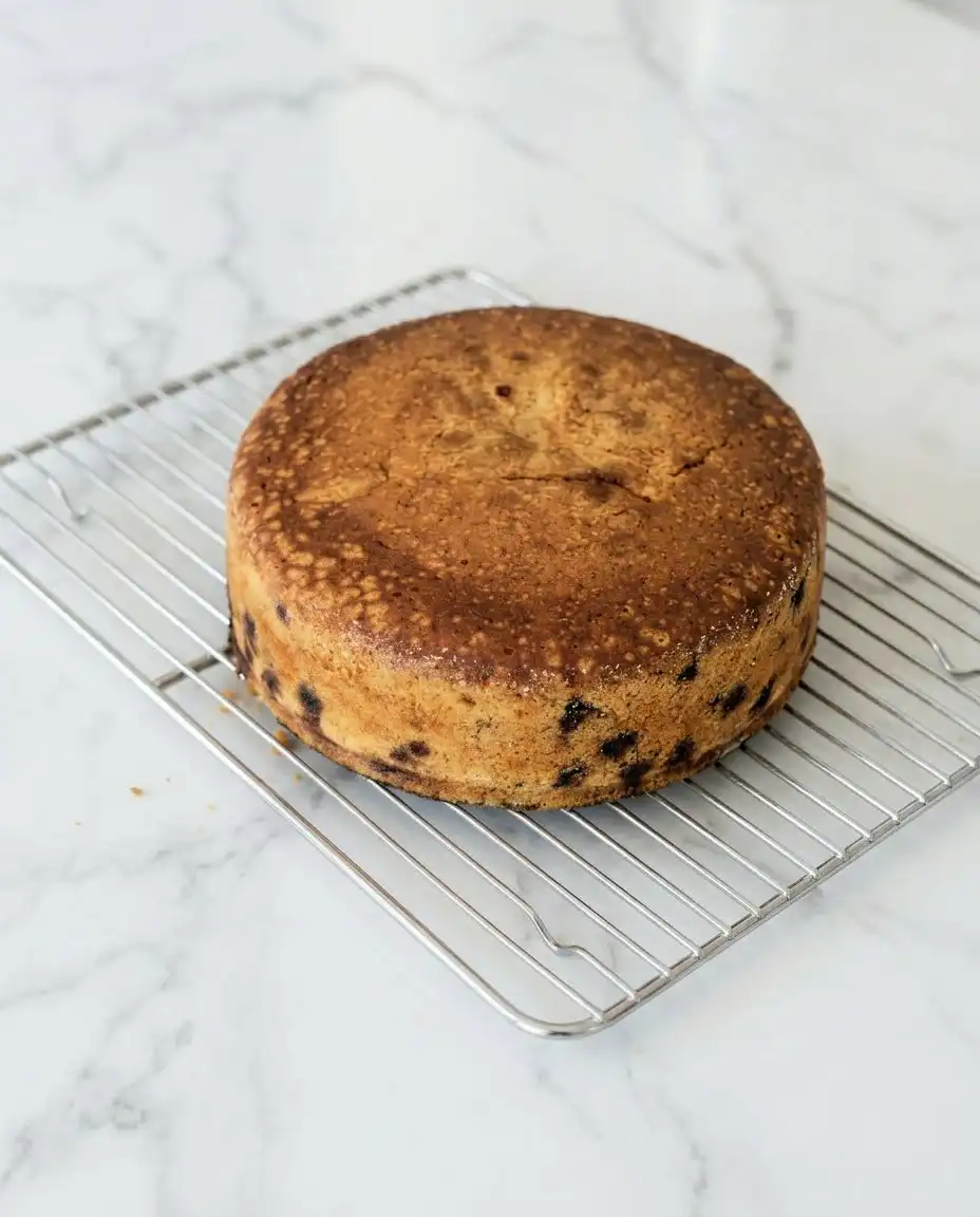 A thick slice of blueberry lemon olive oil cake served on a plate with fresh whipped cream.