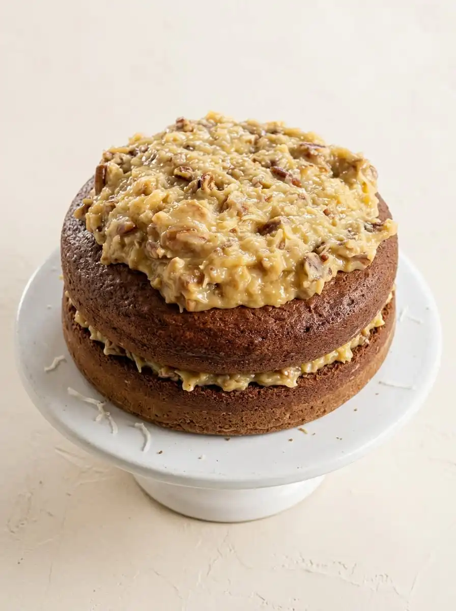 A single slice of Classic German Chocolate Cake with Coconut Pecan Frosting on a plate.