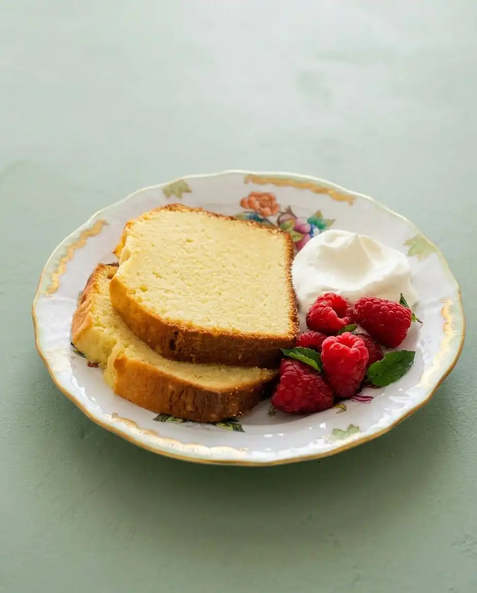A thick slice of Classic Pound Cake topped with whipped cream and fresh red berries