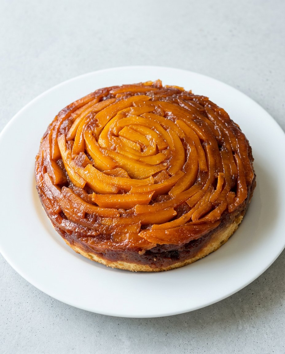 Mango Upside Down Cake 16 A lovely slice of Mango Upside Down Cake served on a simple plate with coffee.