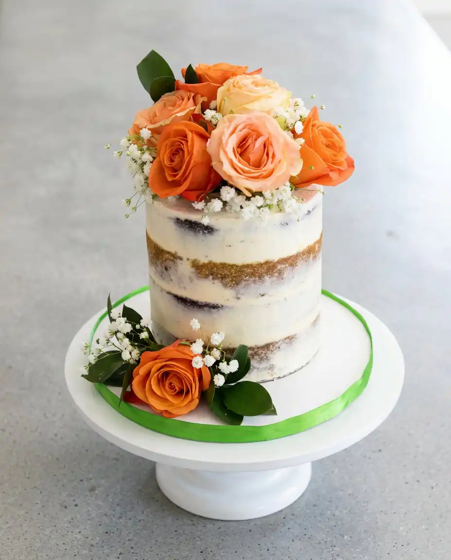A thick slice of a decorated Naked Cake with Fall Flowers served next to a steaming mug of hot apple cider.
