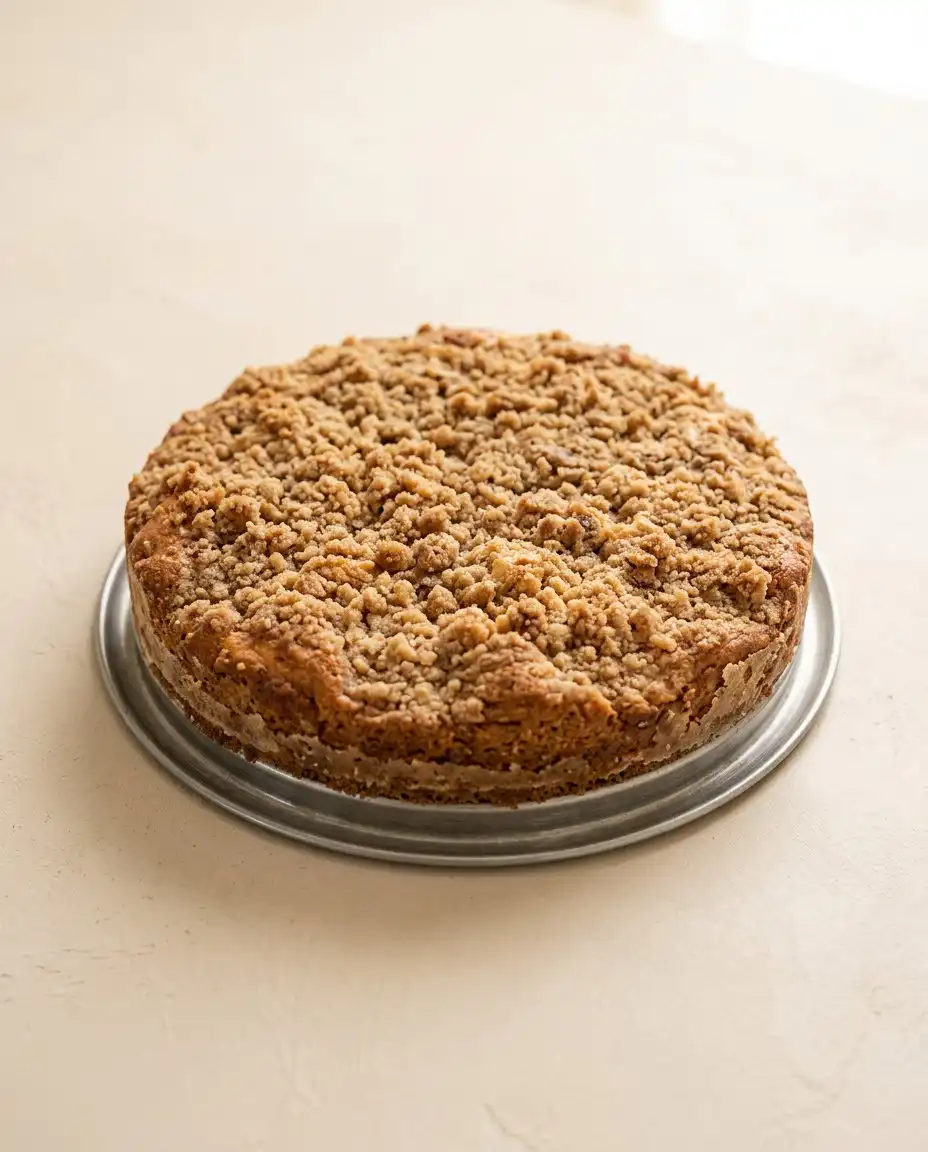 A thick slice of peach streusel coffee cake served on a plate next to a cup of coffee.