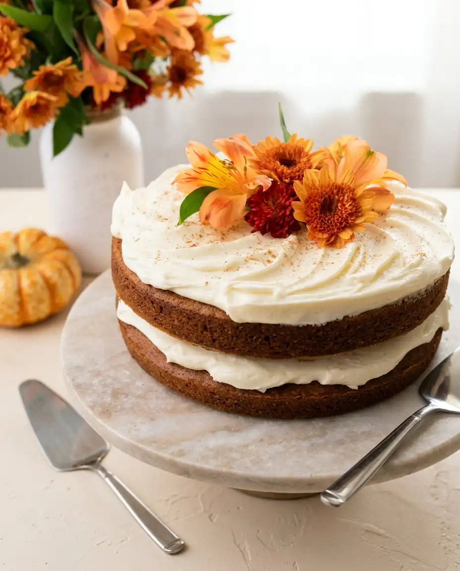 A whole brown butter pumpkin cake displayed under a glass dome.