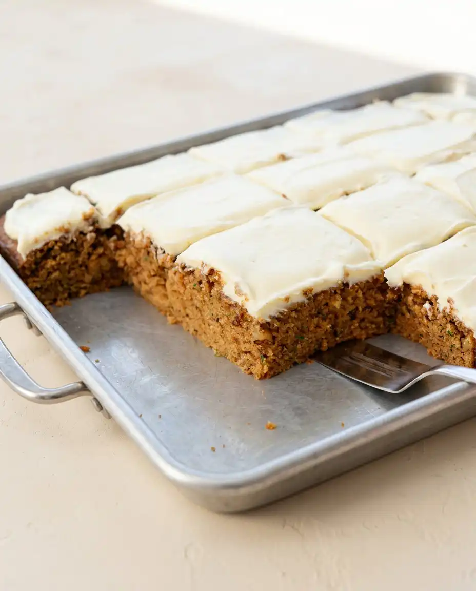 A sliced square of zucchini spice cake with thick cream cheese frosting on a vintage plate.