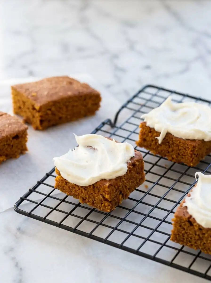 A thick square slice of Two Ingredient Pumpkin Spice Cake served on a plate with a dollop of cream.
