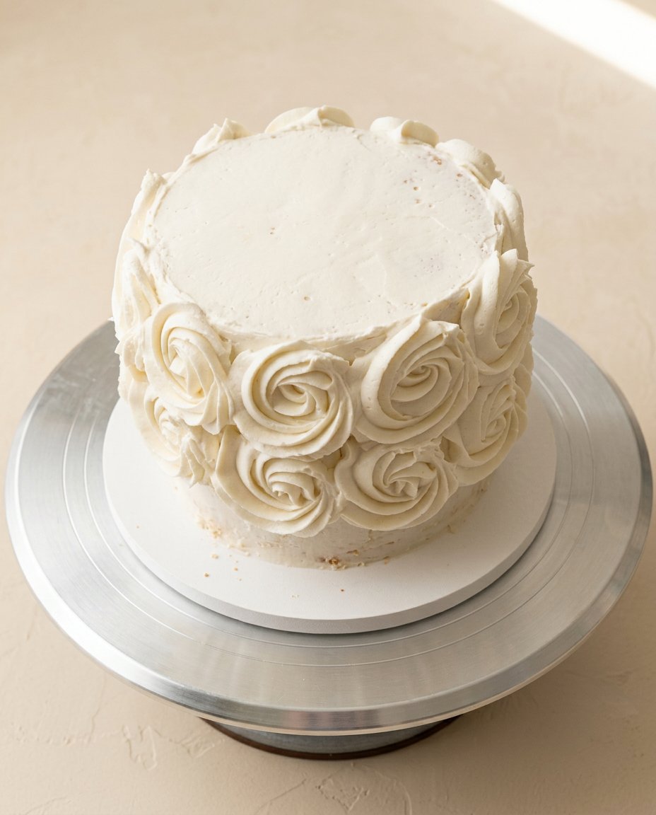 An elegant sliced White Velvet Cake presented beautifully on a dessert pedestal