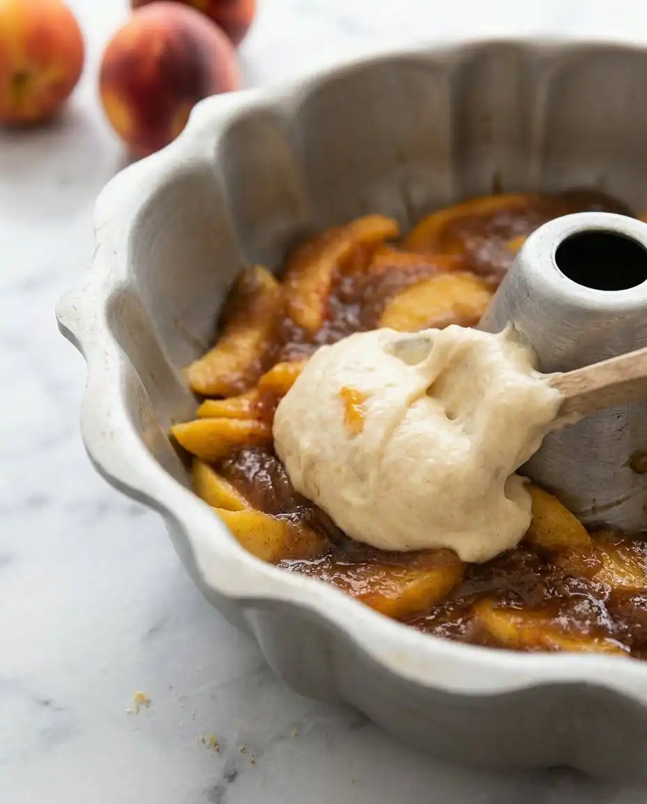 Slicing a rich buttery peach cobbler pound cake showing the tender crumb and baked peaches.