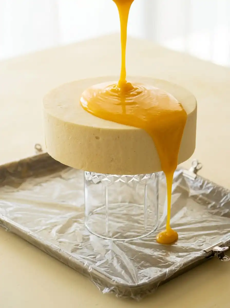 Slicing through a chilled Mango Passion Fruit Mousse Cake with a warm chef knife.
