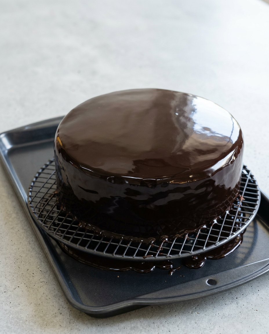 A perfect slice of Chocolate Mirror Glaze Cake served with a clean knife cut on a plate