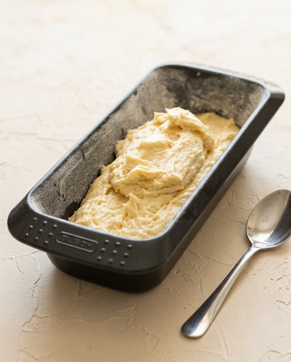 A sharp knife cutting a clean slice of tender Vanilla Pound Cake on a rustic wooden cutting board.