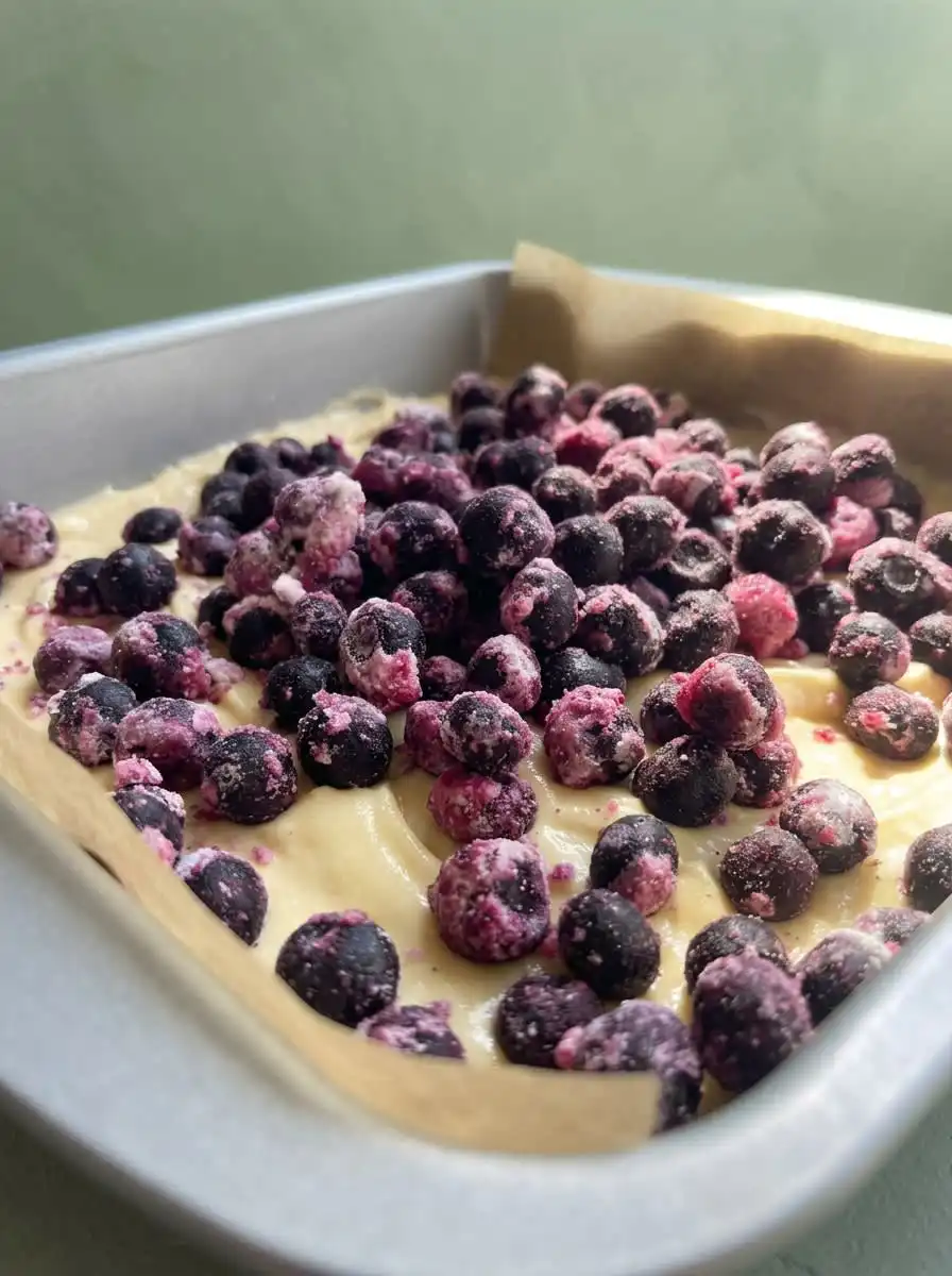 A beautiful slice of Classic Blueberry Coffee Crumb Cake showing the moist crumb and juicy berries.