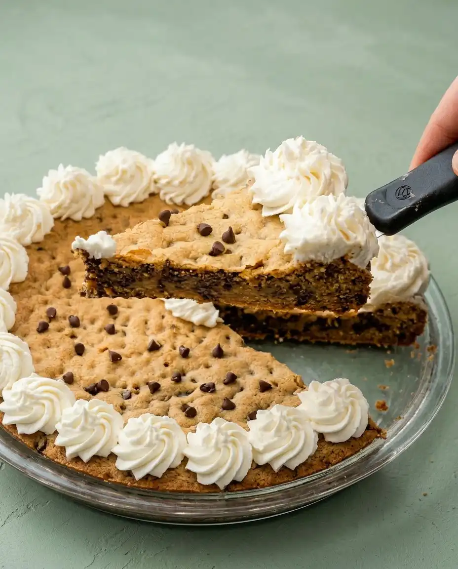 A knife cutting a thick slice of classic chocolate chip cookie cake with a soft center.