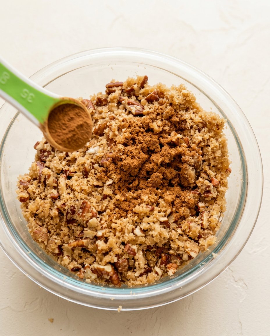 A close-up shot of slicing a warm pecan streusel coffee cake showing the cinnamon ribbon inside.