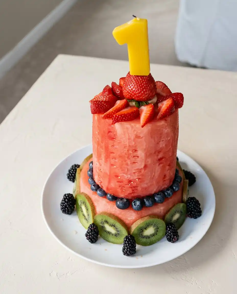 Slicing a wedge of Baby's First Watermelon Yogurt Cake on a white cake stand