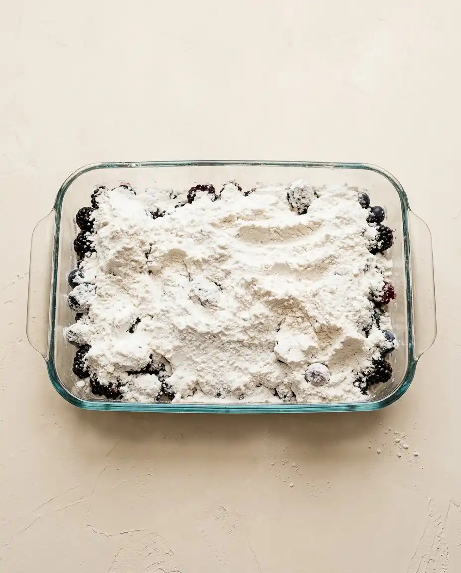 Thin butter slices arranged over Blackberry Dump Cake with Butter Pecan Cake Mix before baking.