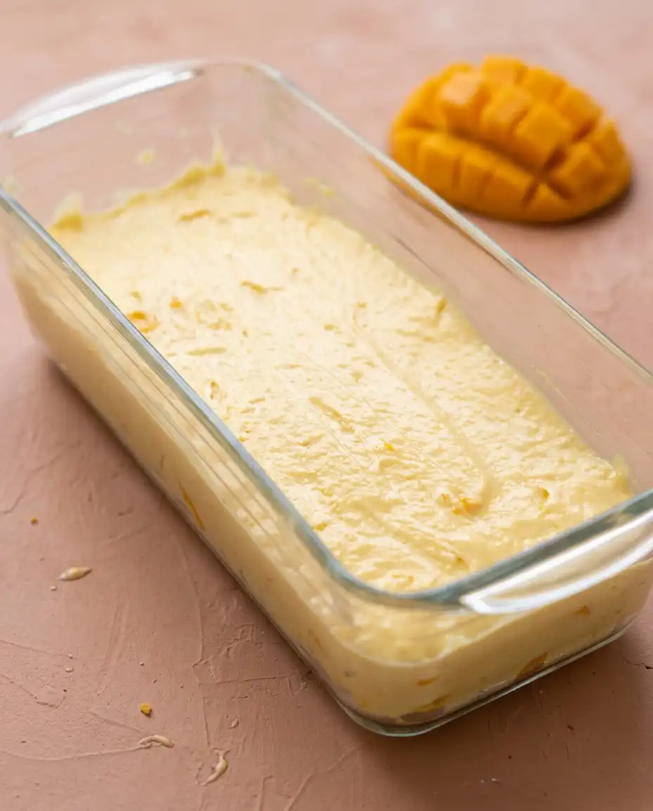 Slicing a ripe yellow mango into thin pieces for a mango butter cake