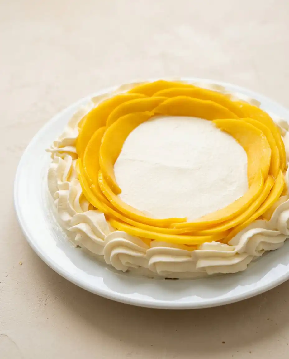 Slicing fresh mangoes into thin uniform strips to build a Mango Flower Crown Cake design