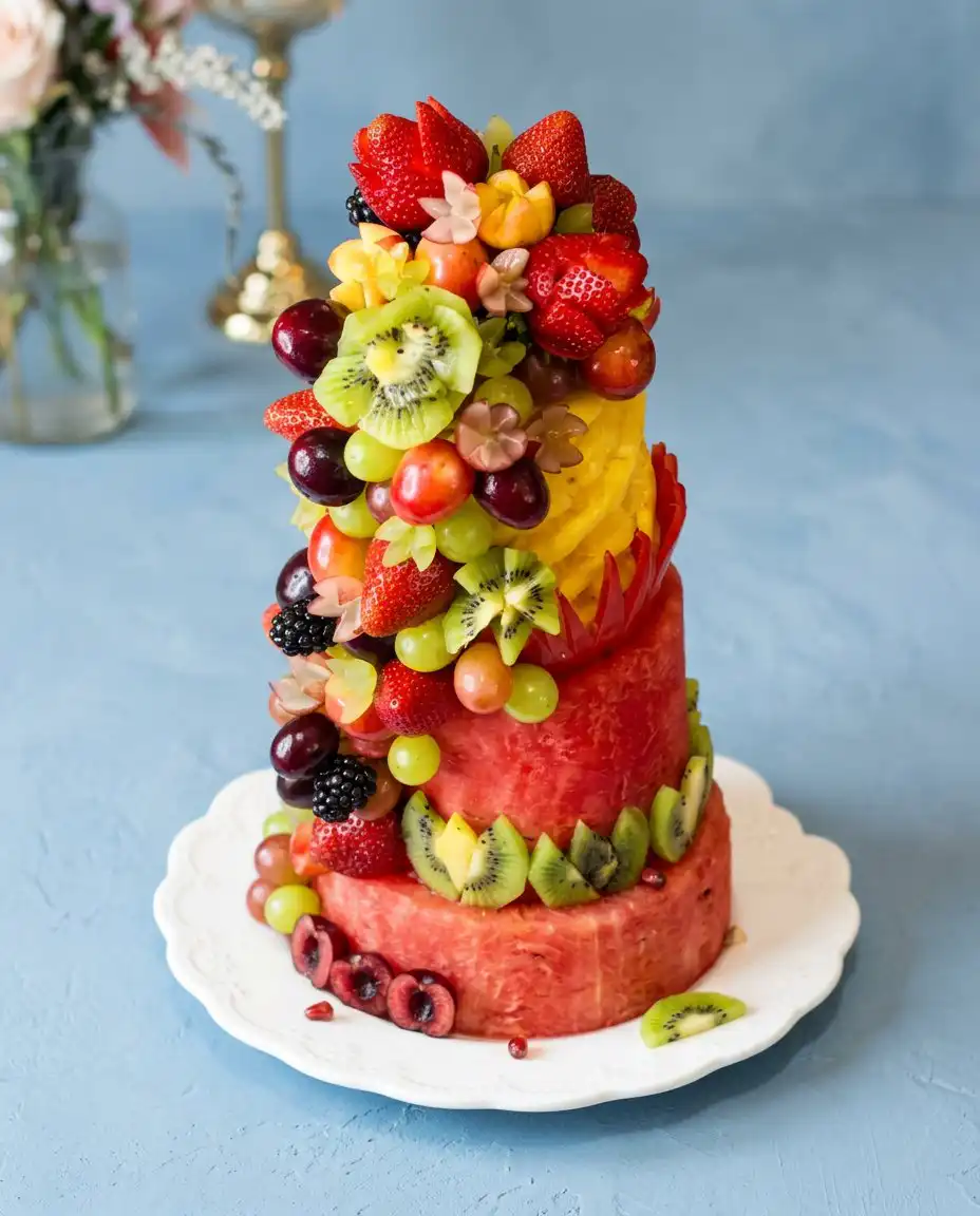 Slicing a thick wedge of the cold Watermelon Fruit Cake Tower with a sharp knife on a sunny patio