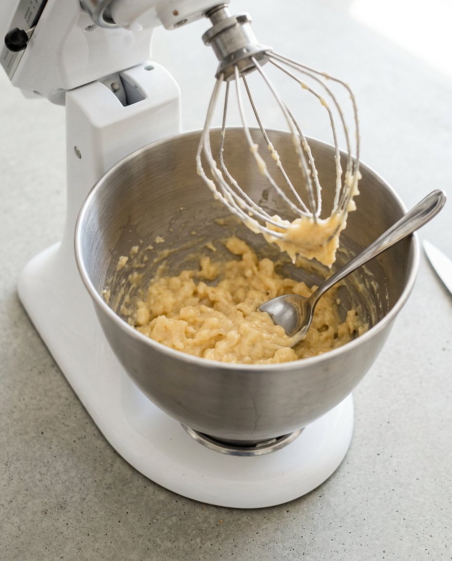 Cake Mix Banana Bread 15 Slices of warm cake mix banana bread being cut on a wooden cutting board with butter nearby.