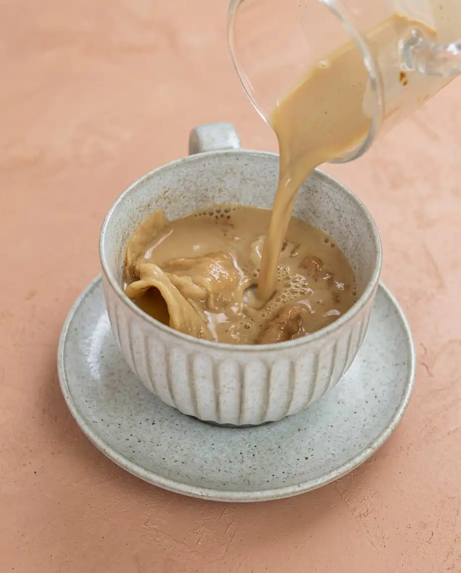 A vintage silver spoon scooping into a freshly microwaved chocolate mug cake to reveal molten chocolate chunks.