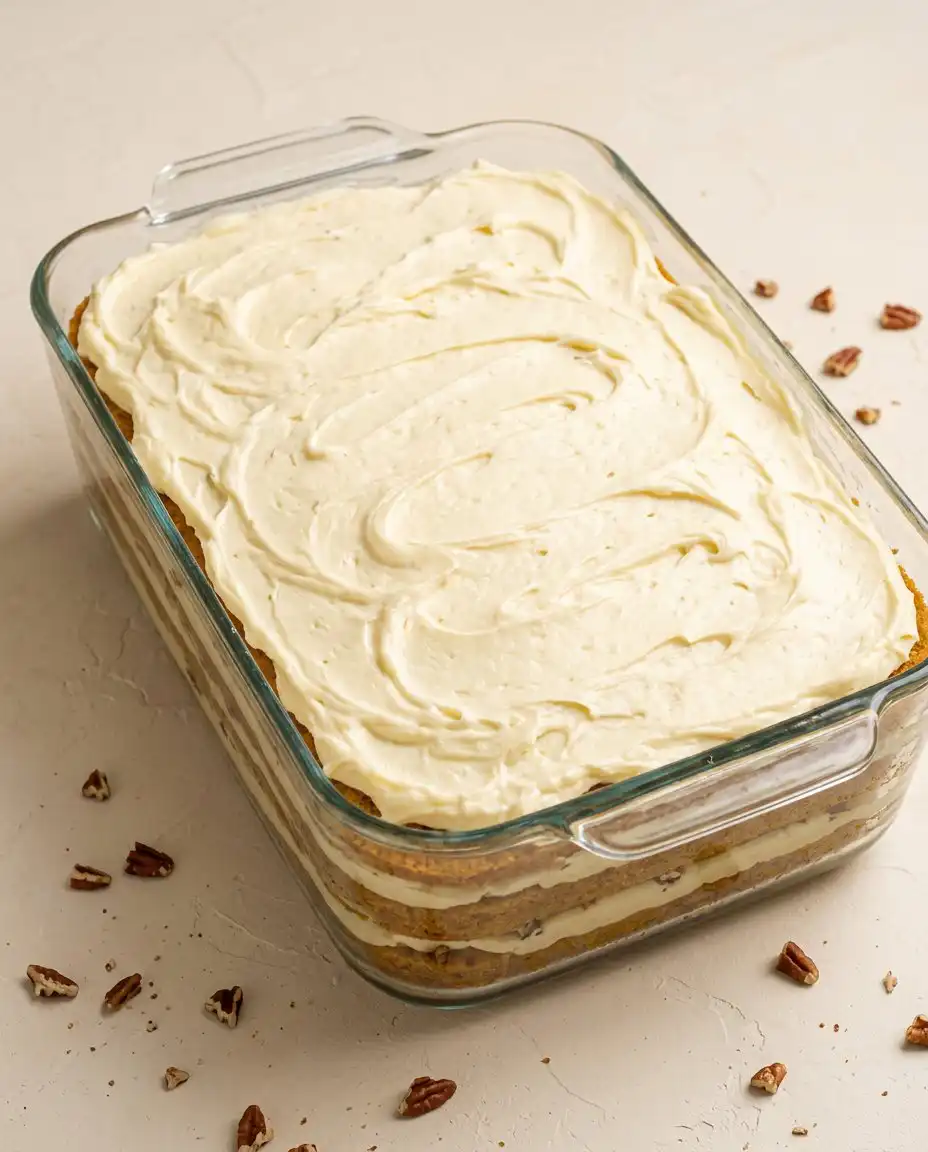 A baker spreading rich frosting on the layers of a Classic Pumpkin Layer Cake with an offset spatula.