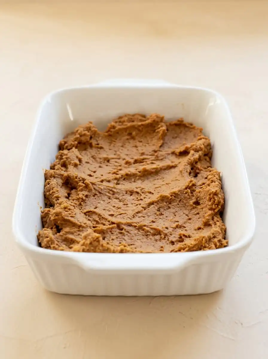 A spatula leveling the thick batter for a Two Ingredient Pumpkin Spice Cake in a metal baking pan.
