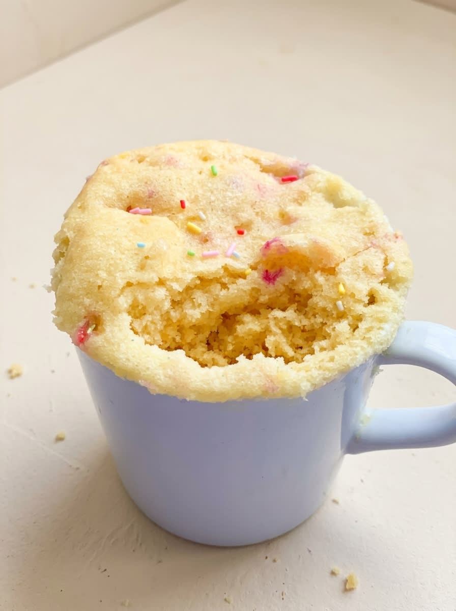 1-Minute Vanilla Mug Cake 12 A warm steaming 1-Minute Vanilla Mug Cake in a white ceramic mug with colorful rainbow sprinkles on top