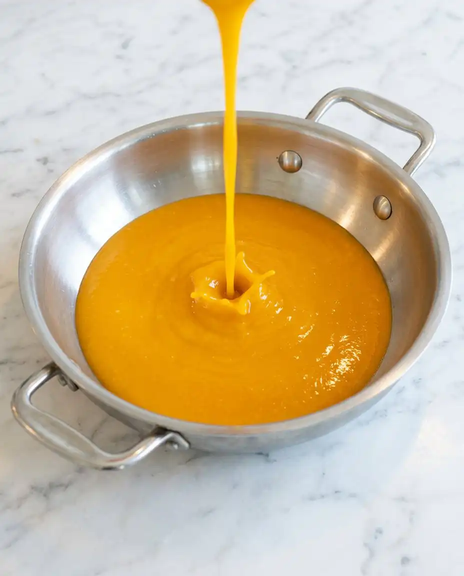 Classic Mango Mousse Cake 15 Stirring warm gelatin into mango whipped cream mixture for Classic Mango Mousse Cake