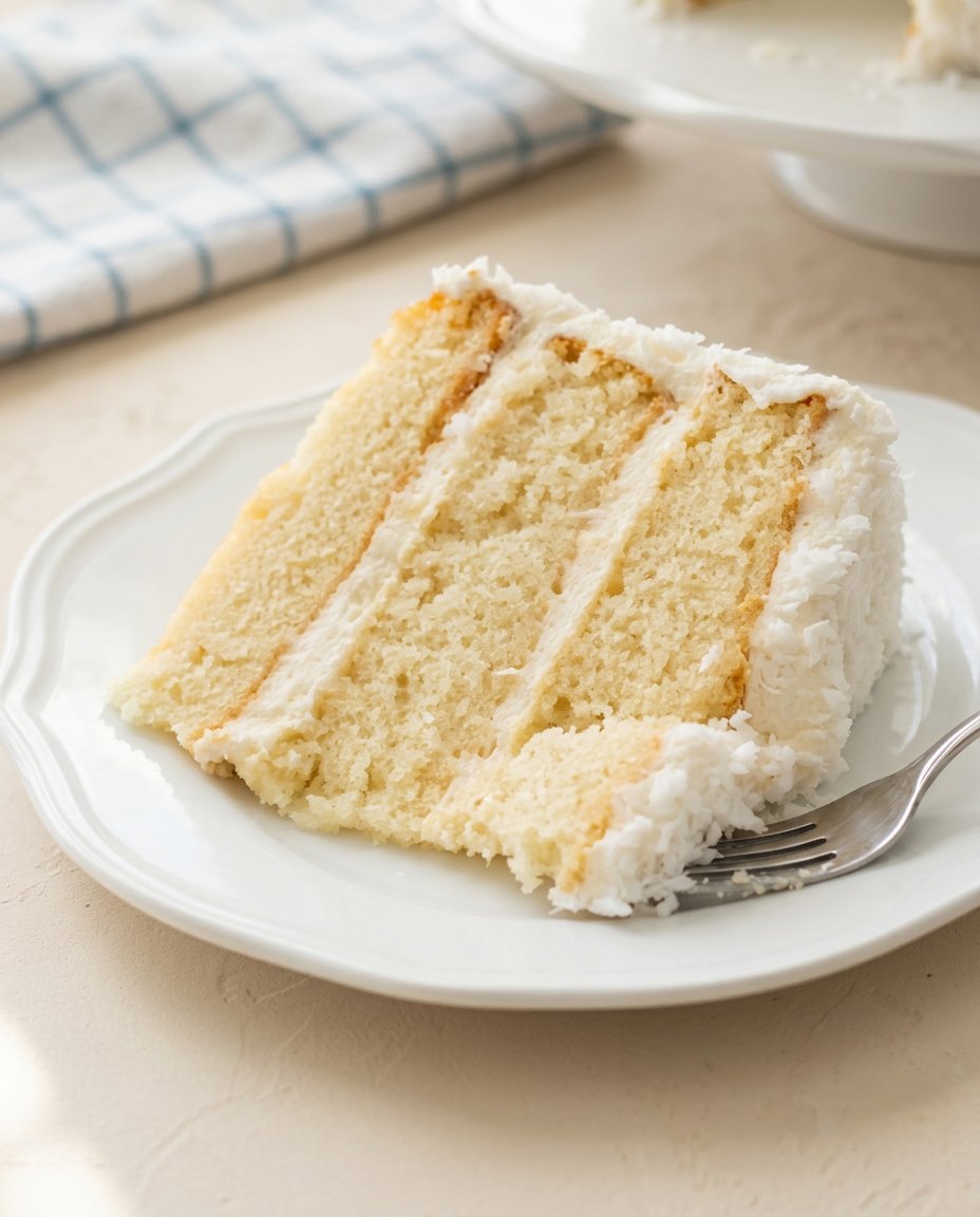 A plate with a slice of Three-Layer Coconut Cream Cake next to a warm cup of tea