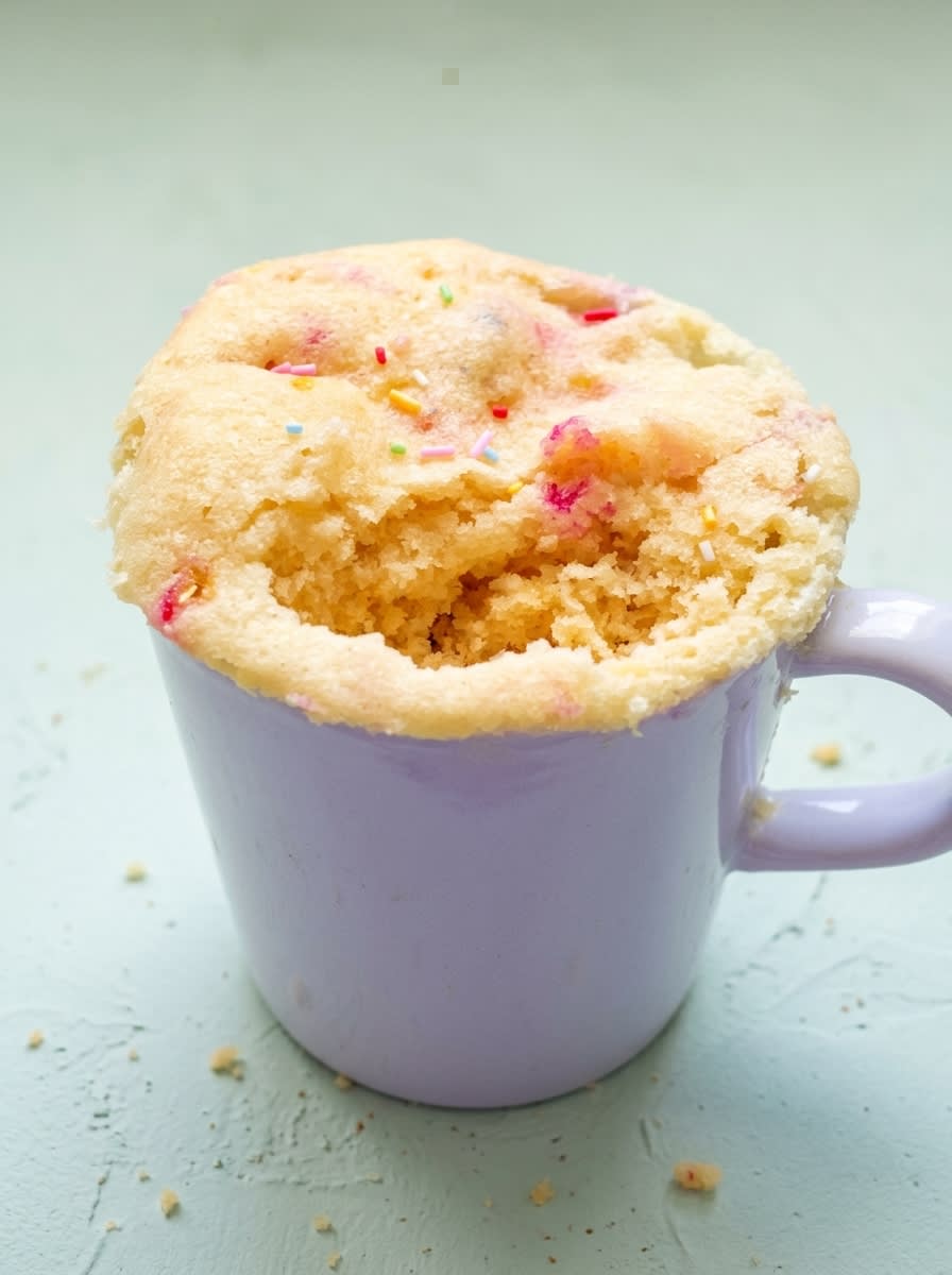 1-Minute Vanilla Mug Cake 16 Warm 1-Minute Vanilla Mug Cake topped with a scoop of vanilla ice cream and extra rainbow sprinkles