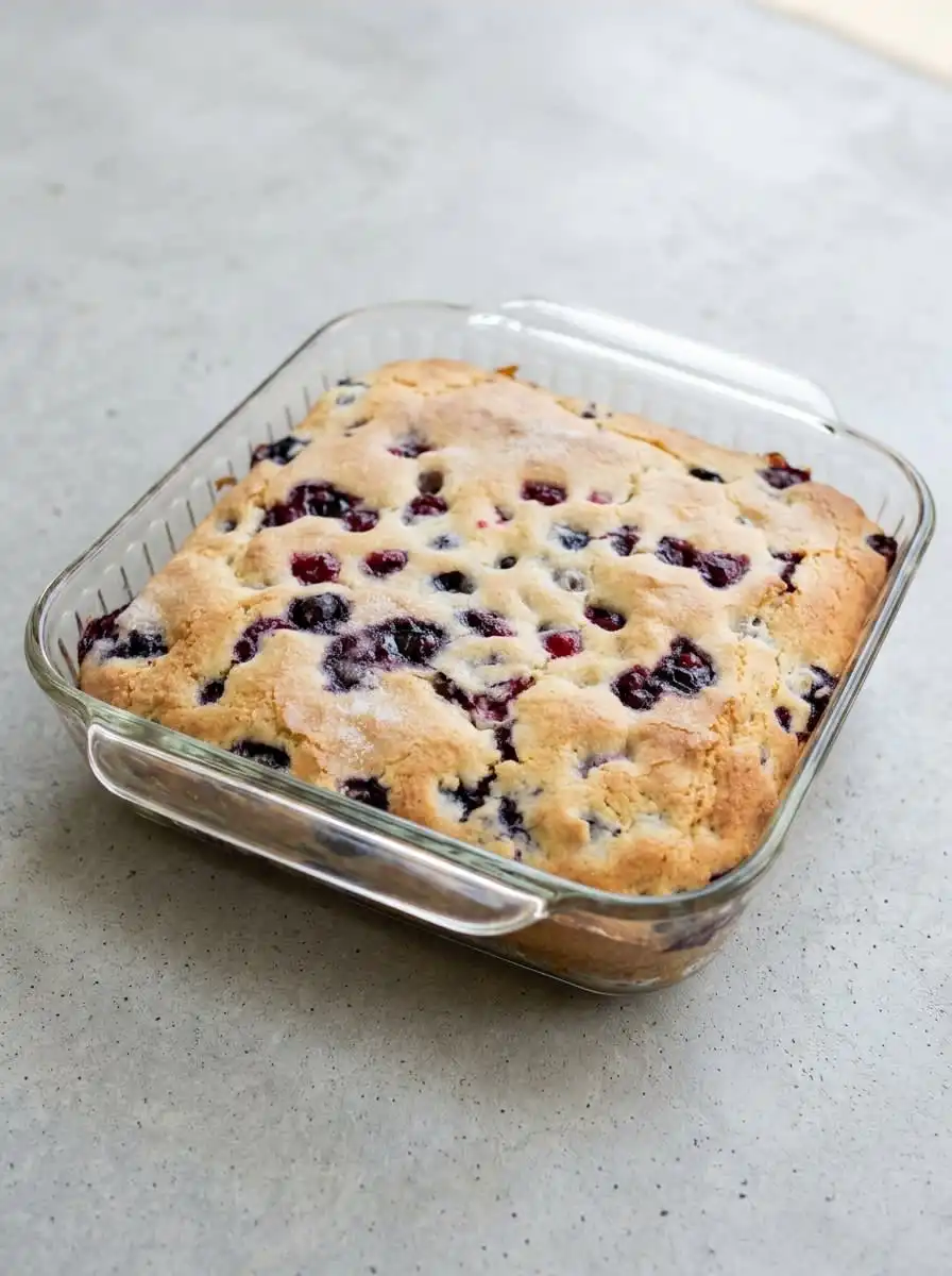 Blueberry Buttermilk Breakfast Cake 12 A golden slice of Blueberry Buttermilk Breakfast Cake on a rustic plate next to fresh berries