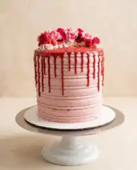 A gorgeous White Chocolate Raspberry Anniversary Cake topped with fresh berries on a rustic counter